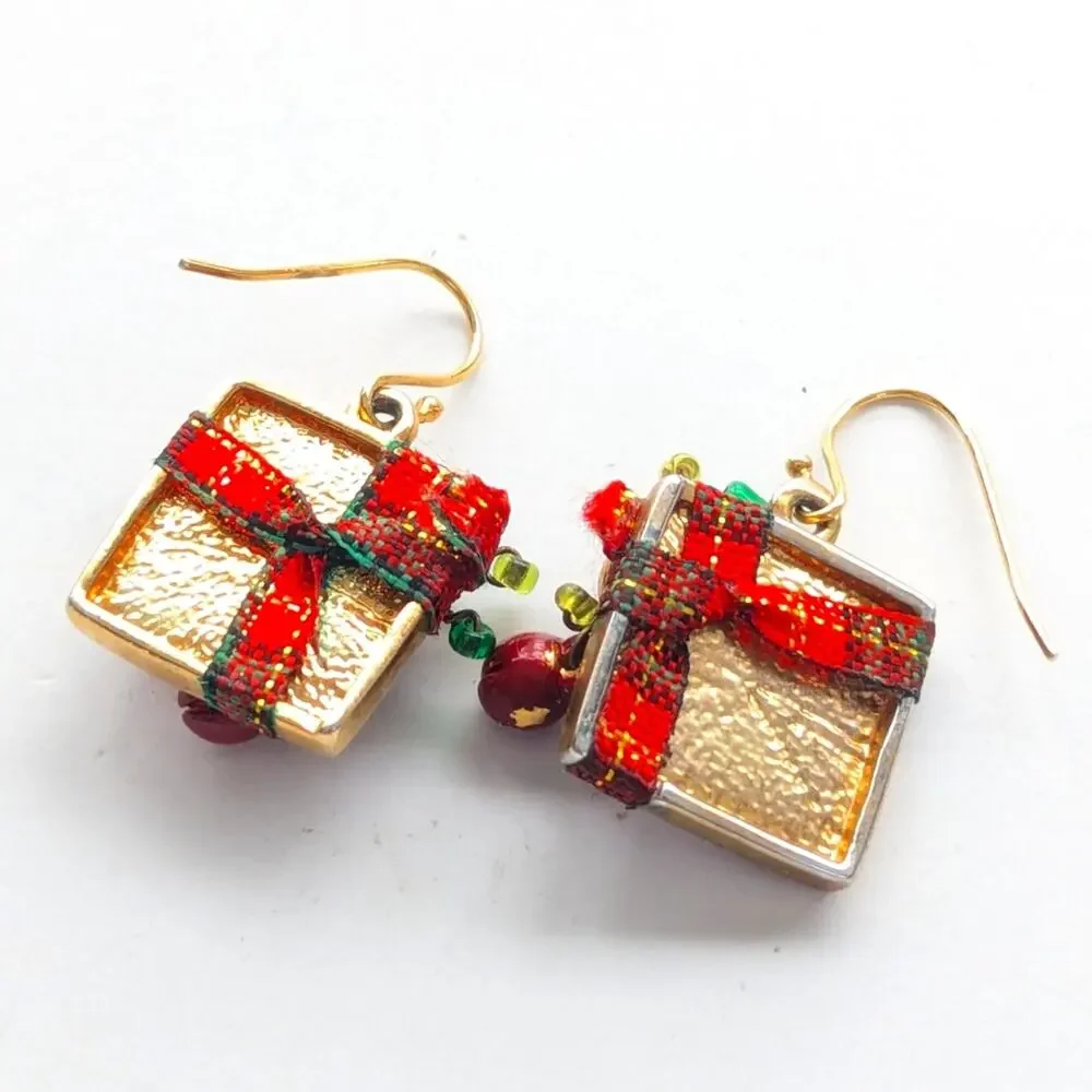 Vintage Gold Tone Red Enamel ChaCha Beaded Present Gift Hook Dangle Earrings